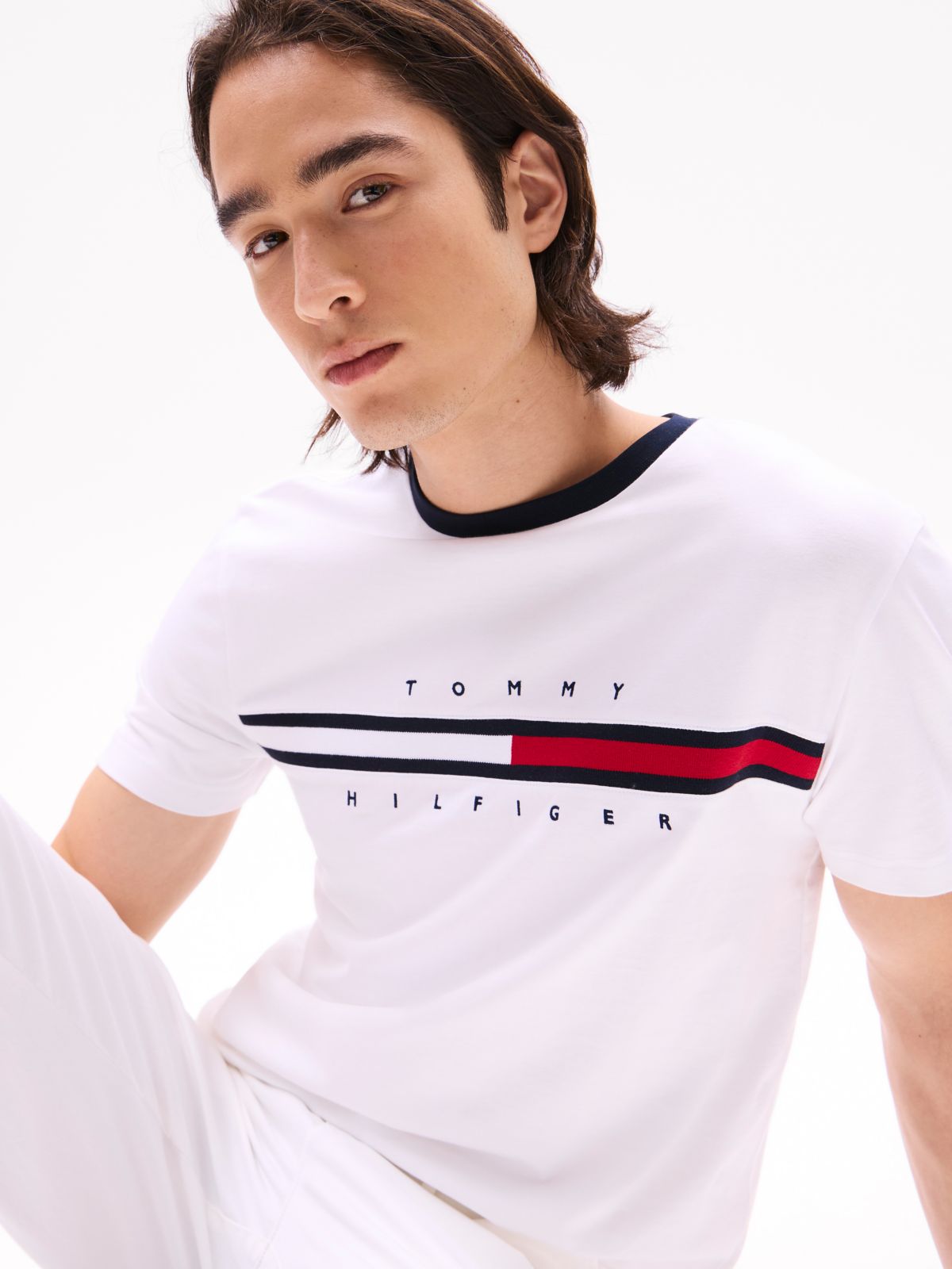 Embroidered Flag Stripe Logo T-Shirt — Optic White