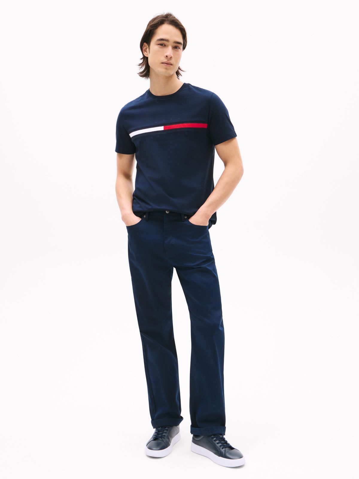 Embroidered Flag Stripe Logo T-Shirt — Navy
