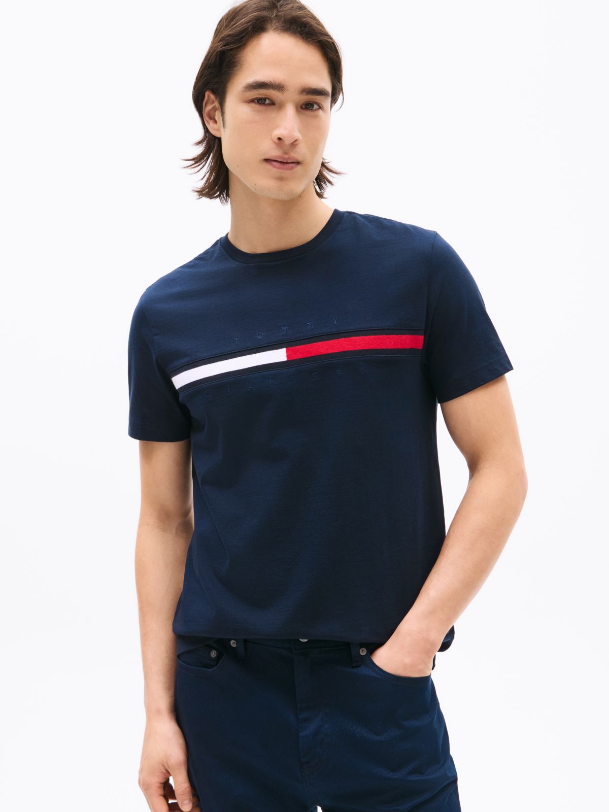 Embroidered Flag Stripe Logo T-Shirt — Navy