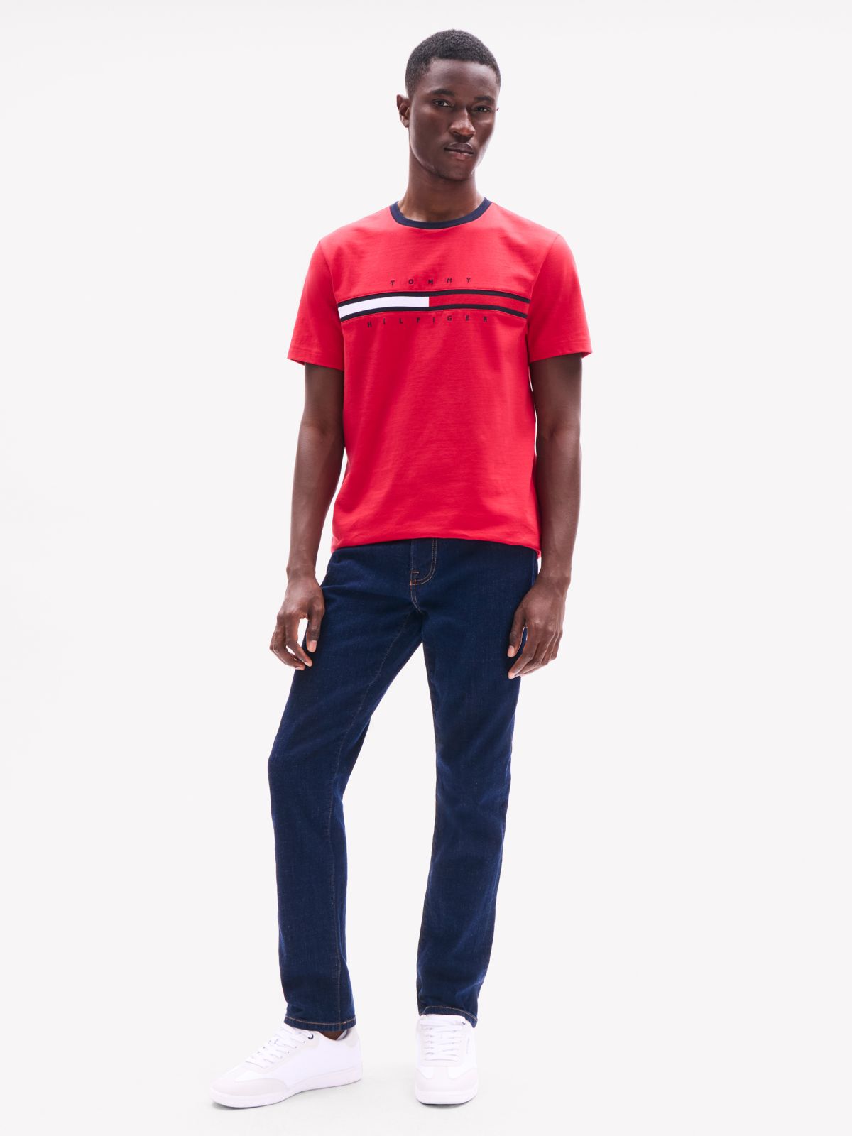 Embroidered Flag Stripe Logo T-Shirt — Primary Red