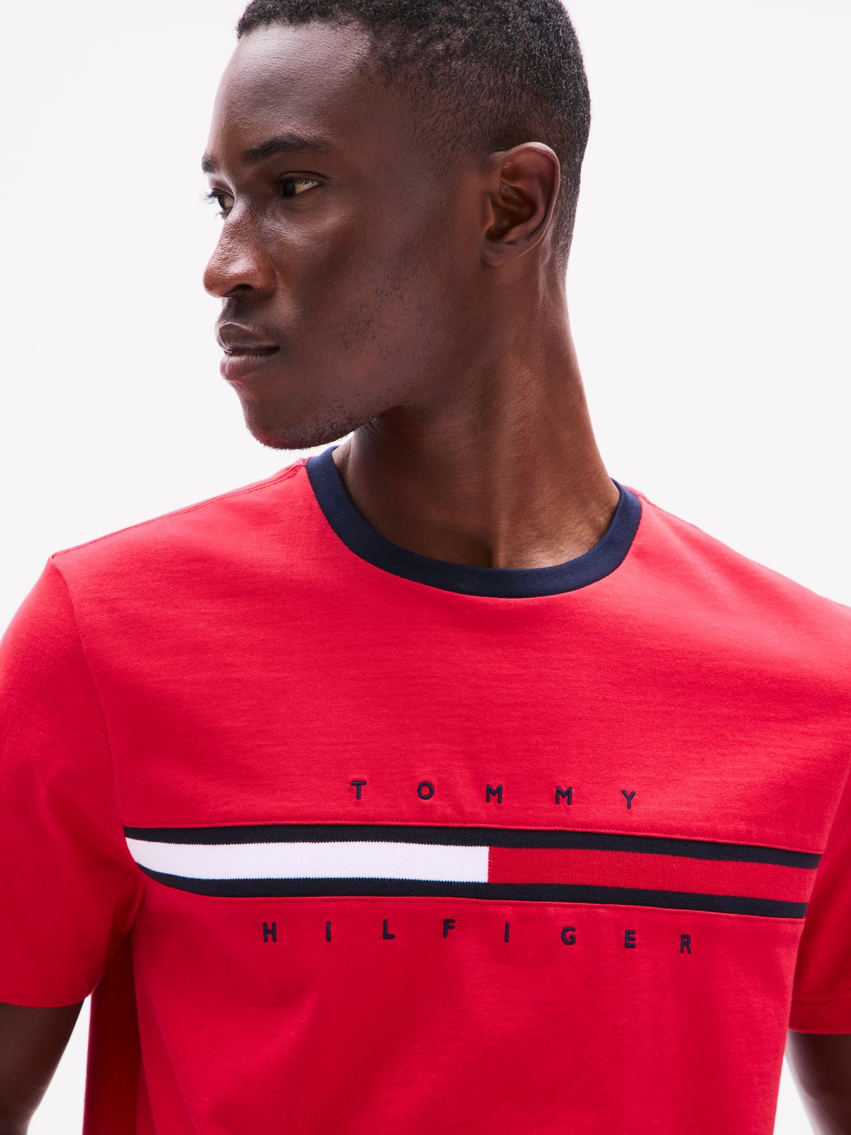 Embroidered Flag Stripe Logo T-Shirt — Primary Red