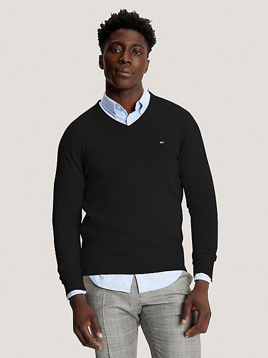 Tommy Hilfiger Mens V-neck Pullover Sweater Signature Pima Cotton Flag Logo New 
