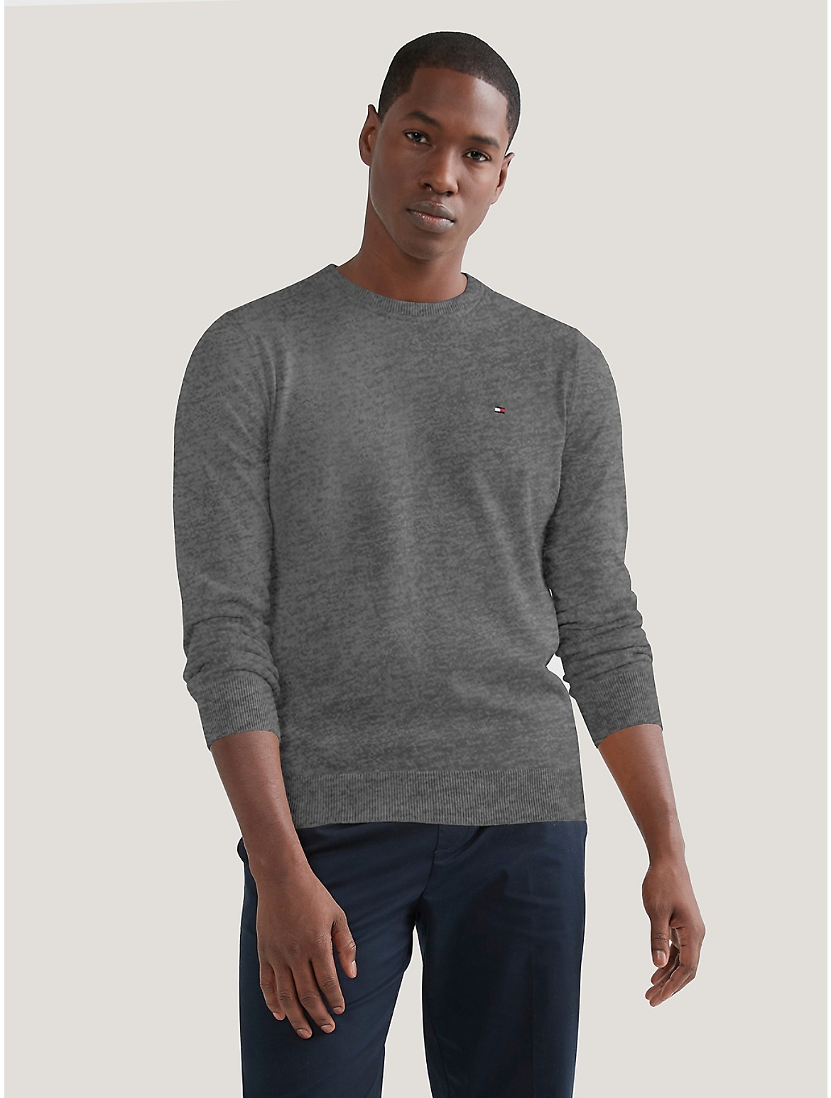 Shop Tommy Hilfiger Flag Logo Crewneck Sweater In Medium Grey Heather