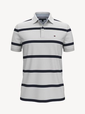 Tommy Hilfiger Men's Custom Fit Essential Stripe Polo Bright White - L