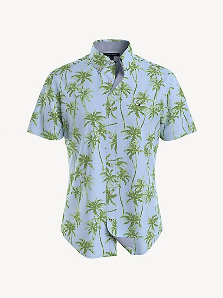 타미 힐피거 Tommy Hilfiger Custom Fit Palm Print Shirt,LUMINOUS BLUE