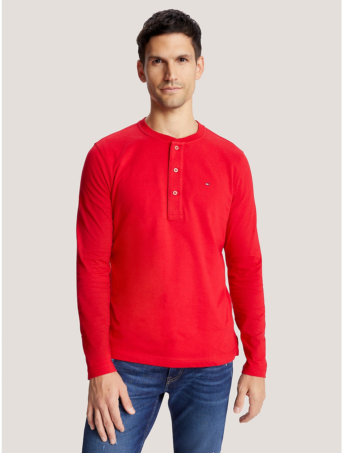 Tommy Hilfiger Flag Logo Henley Shirt In Primary Red