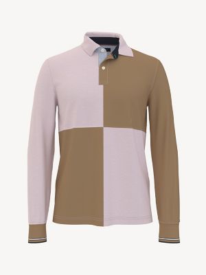 Casual Fit Colorblock Long-Sleeve Polo, Light Pink