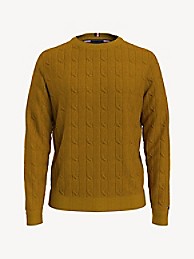 타미 힐피거 Tommy Hilfiger Solid Cable Crewneck Sweater,CREST GOLD