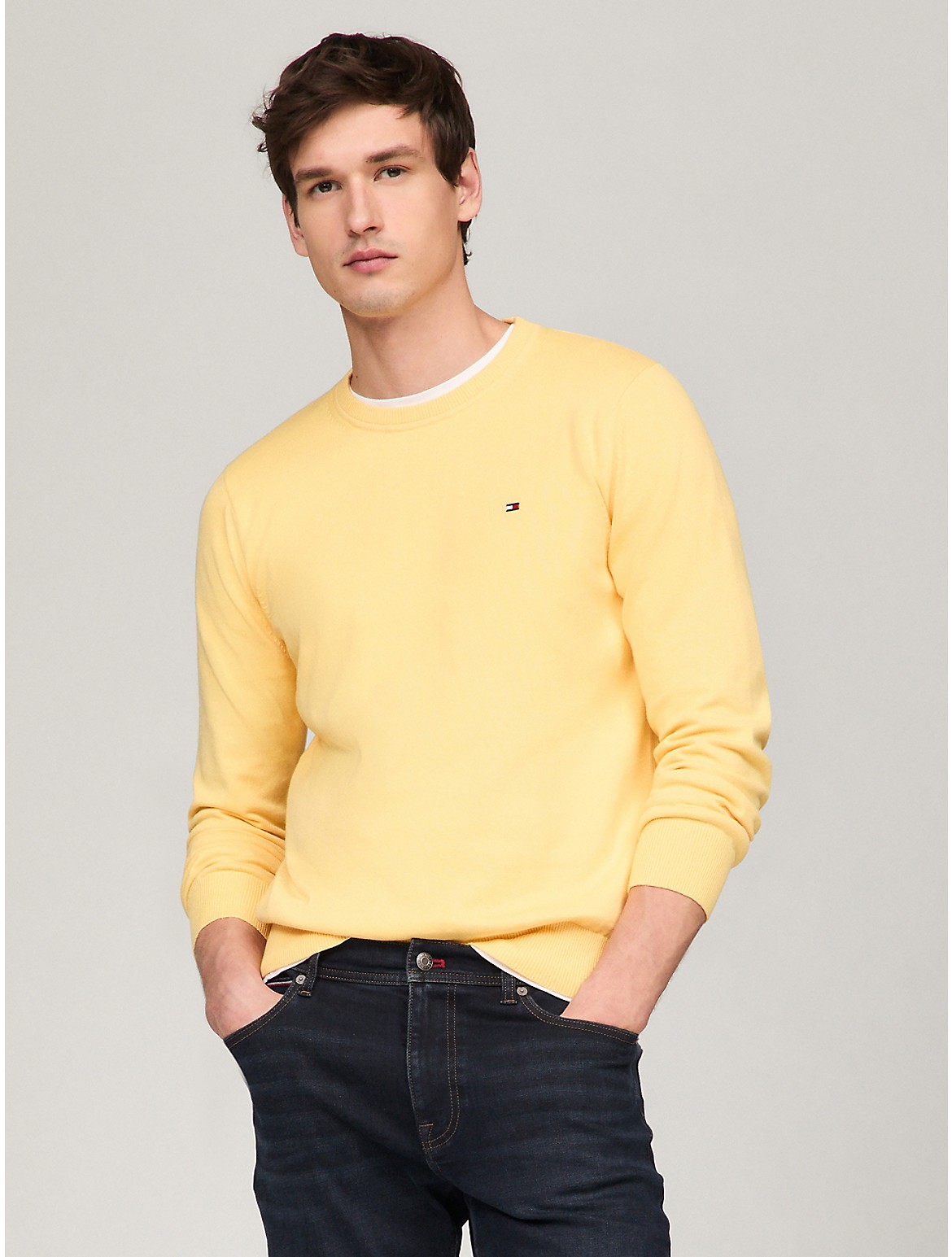 Shop Tommy Hilfiger Flag Logo Crewneck Sweater In Daisy Yellow
