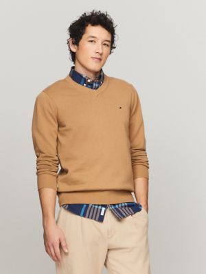 Solid Logo V-Neck Sweater, Pinecone Tan