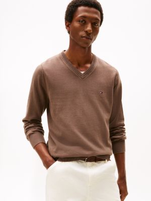 Solid Logo V-Neck Sweater, Hot Coco