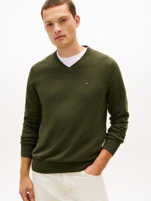 Solid Logo V-Neck Sweater, Dark Olive