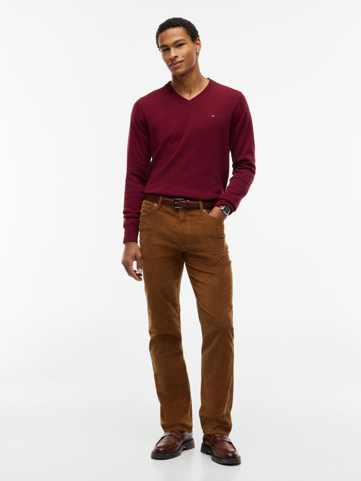 Solid Logo V-Neck Sweater — Burgundy
