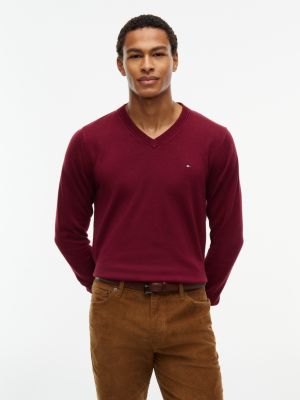 Solid Logo V-Neck Sweater, Burgundy