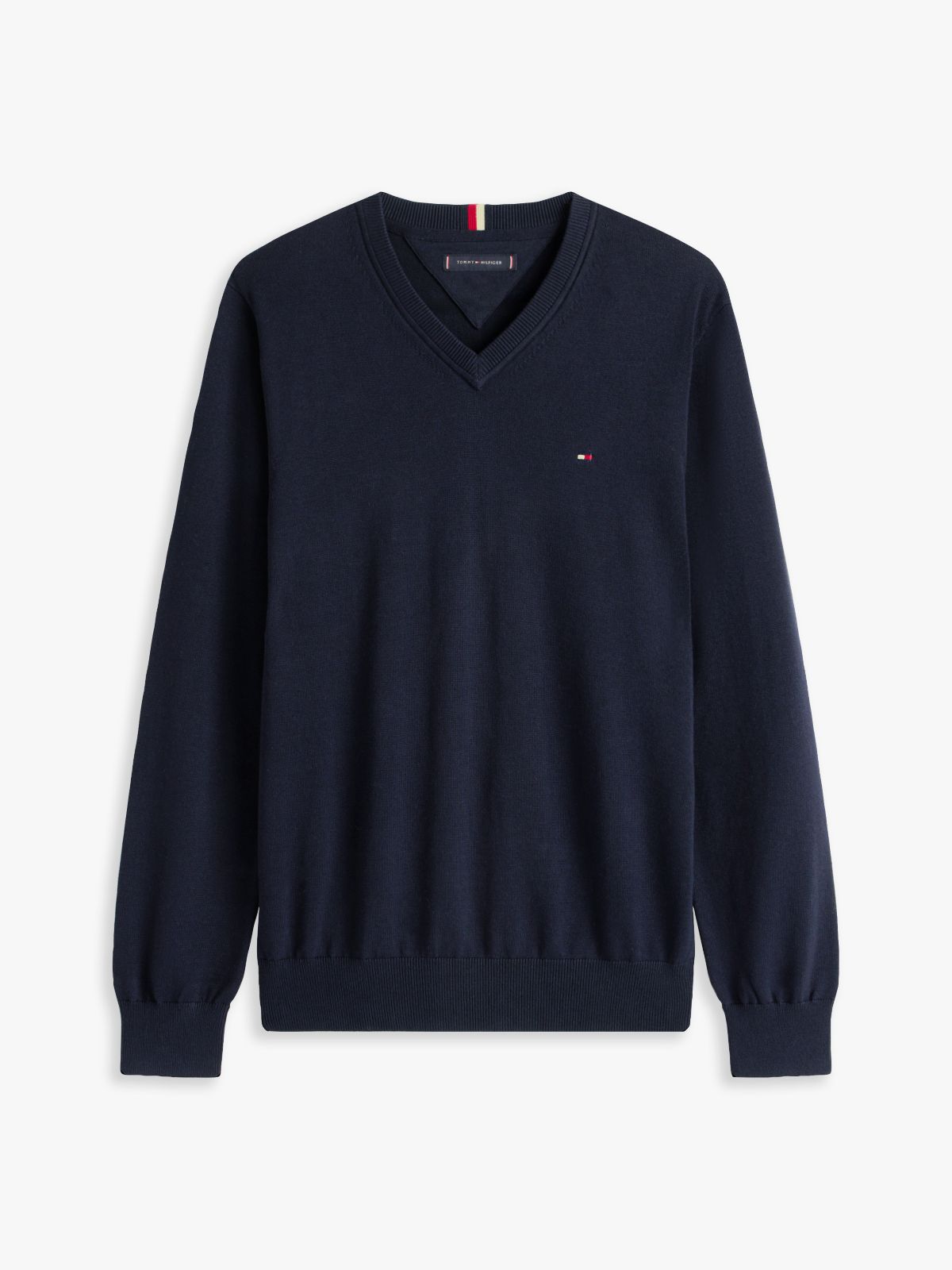 Solid Logo V-Neck Sweater — Navy