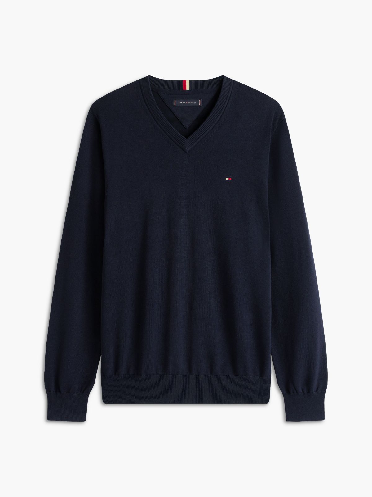 Solid Logo V-Neck Sweater — Navy