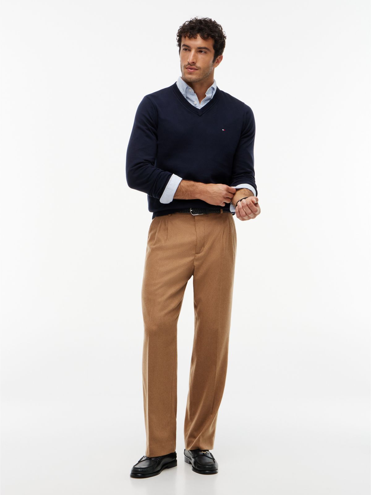 Solid Logo V-Neck Sweater — Navy