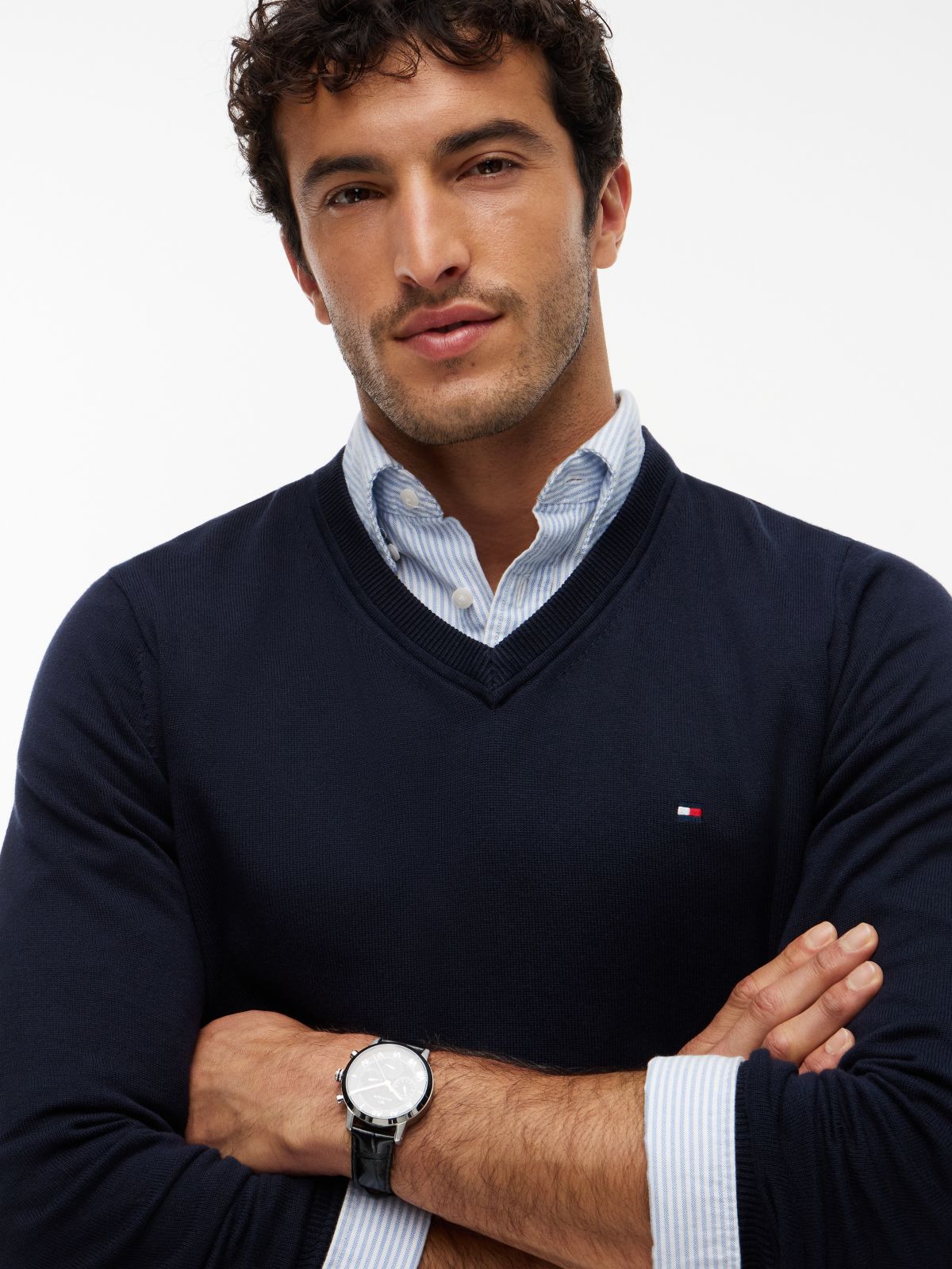Solid Logo V-Neck Sweater — Navy
