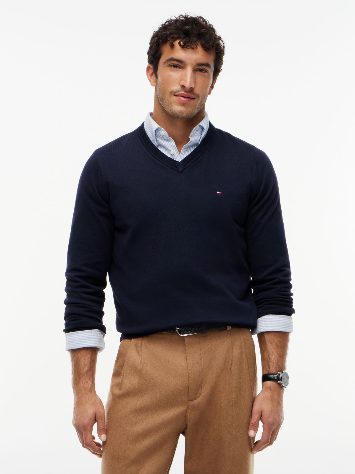 Solid Logo V-Neck Sweater — Navy