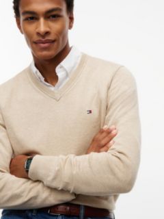 Solid Logo V-Neck Sweater — Semolina Heather 3