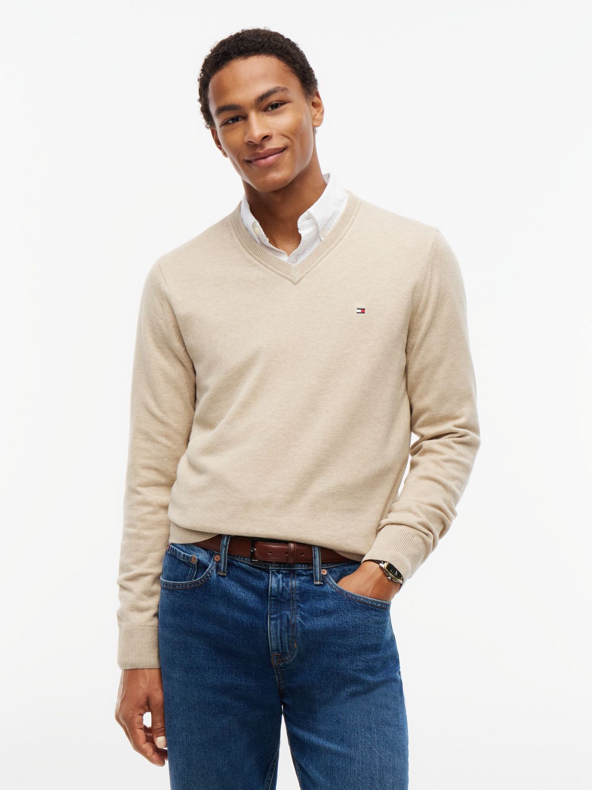 Solid Logo V-Neck Sweater — Semolina Heather