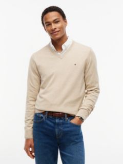 Solid Logo V-Neck Sweater — Semolina Heather 1