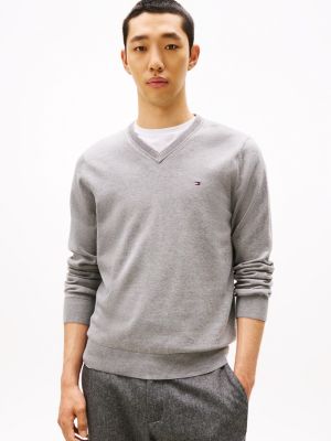 Solid Logo V-Neck Sweater, Grey Heather