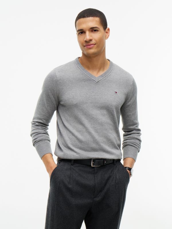 Solid Logo V-Neck Sweater — Grey Heather