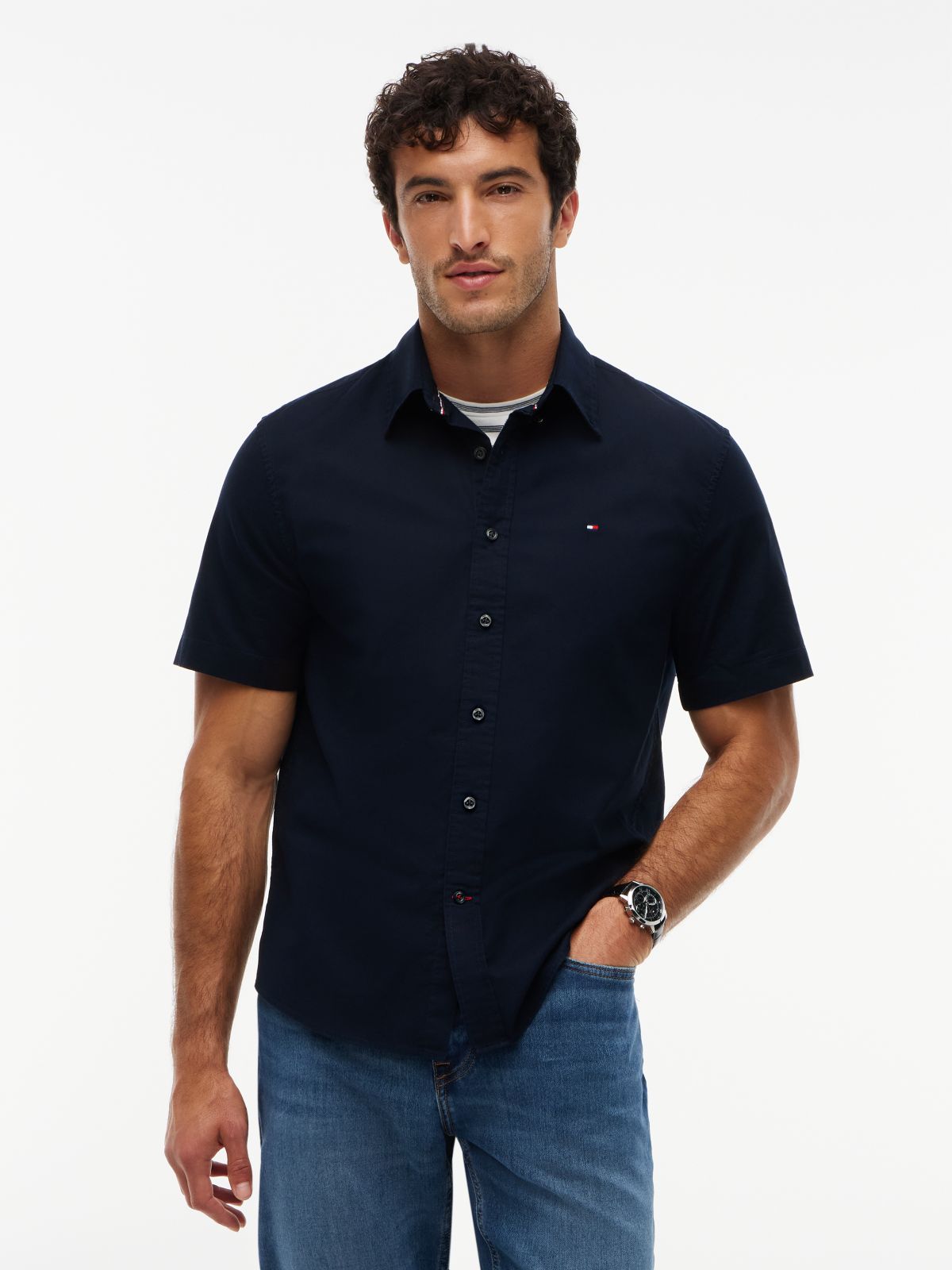 Regular Fit Short-Sleeve Oxford Shirt — Navy Blue