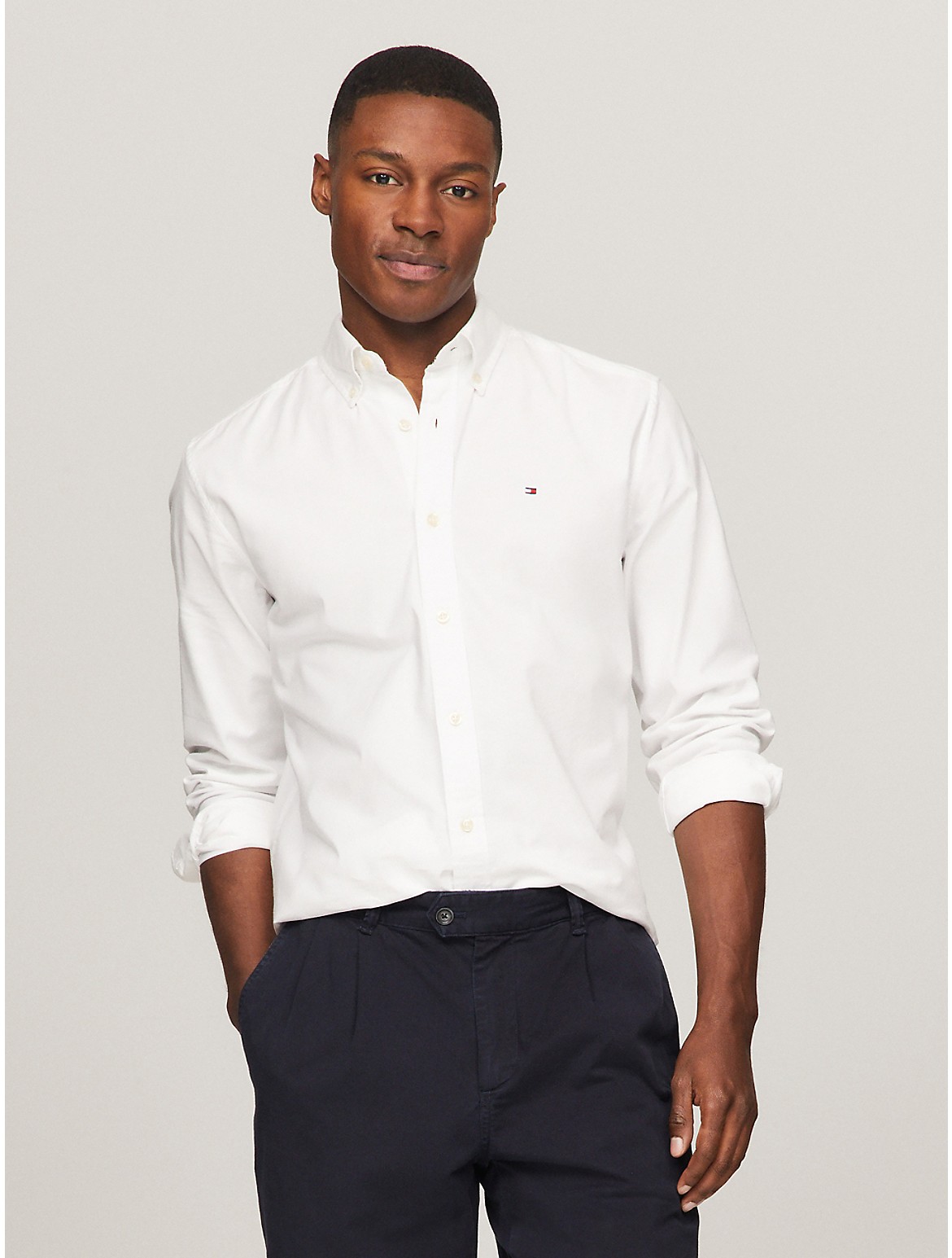Shop Tommy Hilfiger Regular Fit Solid Stretch Oxford Shirt In Optic White