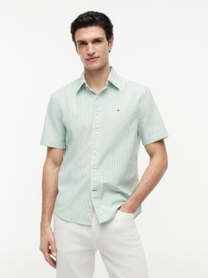 Short-Sleeve Striped Oxford Shirt, Coastal Green/White Stripe