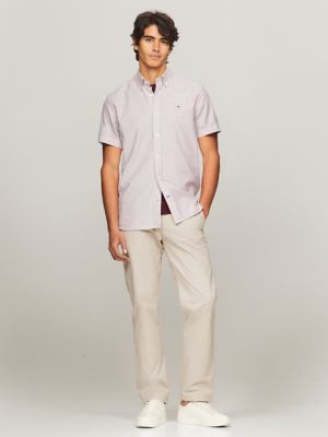 Short-Sleeve Striped Oxford Shirt, Deep Crimson Fruit Stripe