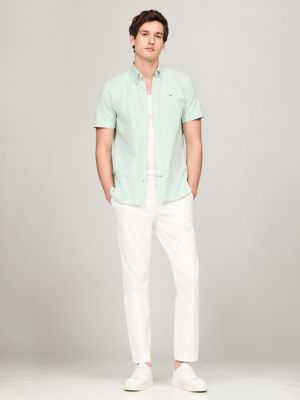 Short-Sleeve Stripe Oxford Shirt, Mardi Gras Green/Optic White Stripe