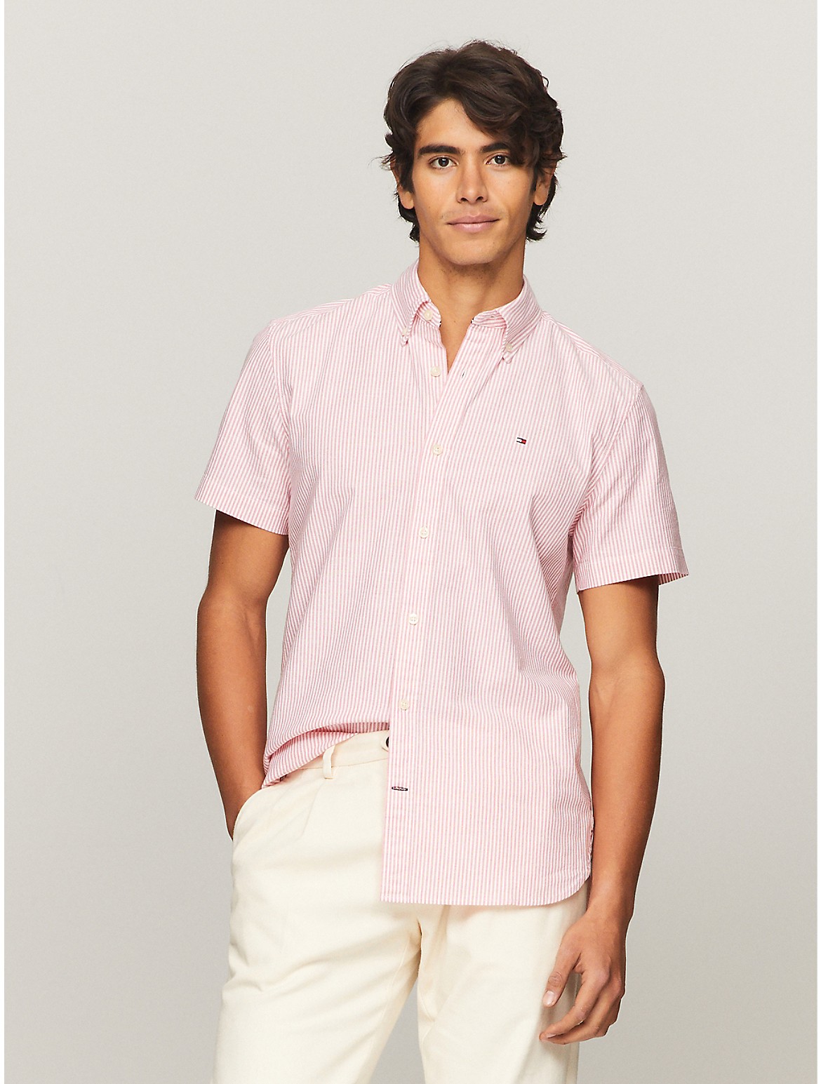 Tommy Hilfiger Men's Regular Fit Stripe Short-Sleeve Oxford Shirt