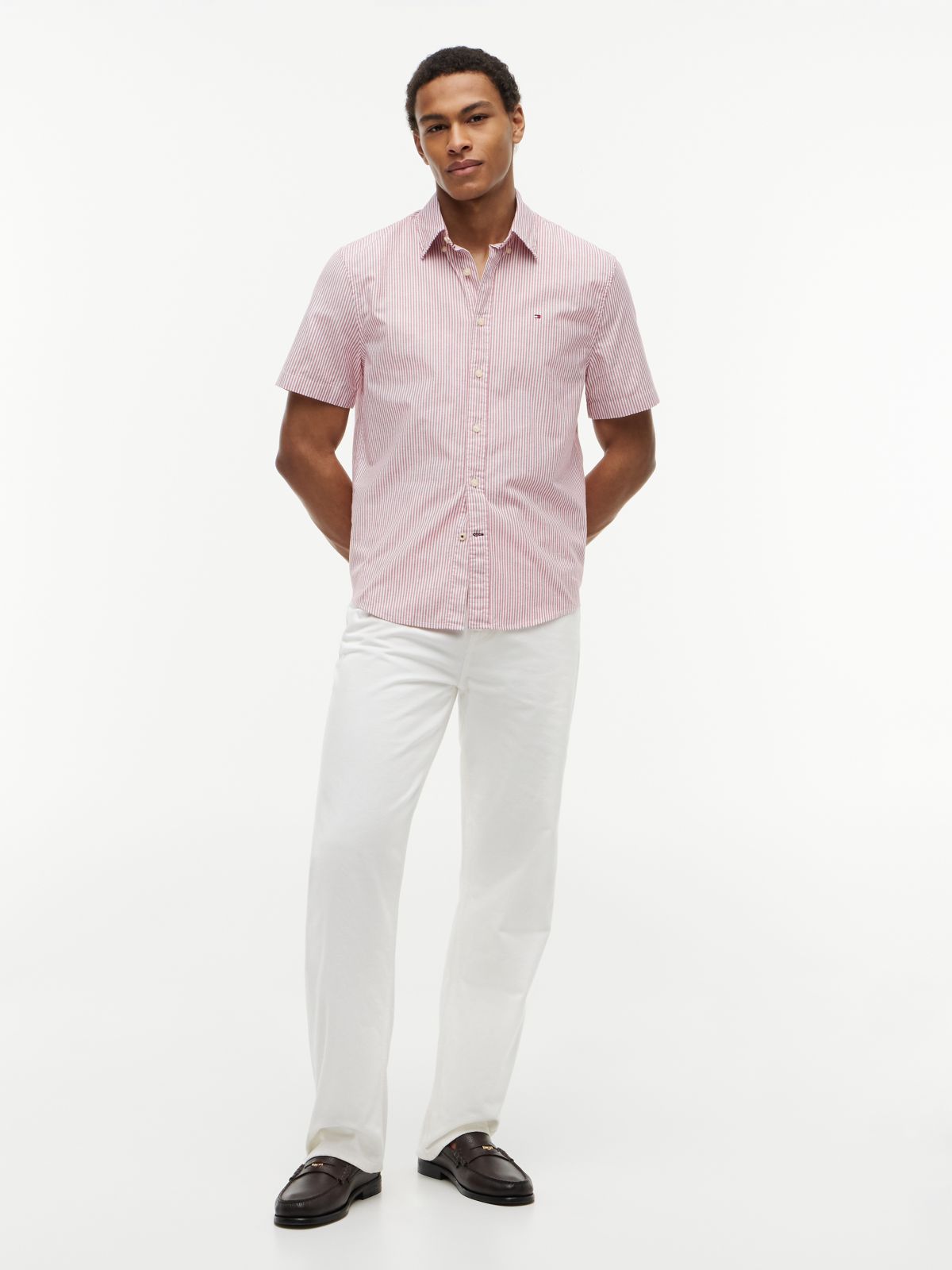 Short-Sleeve Striped Oxford Shirt — Medium Red