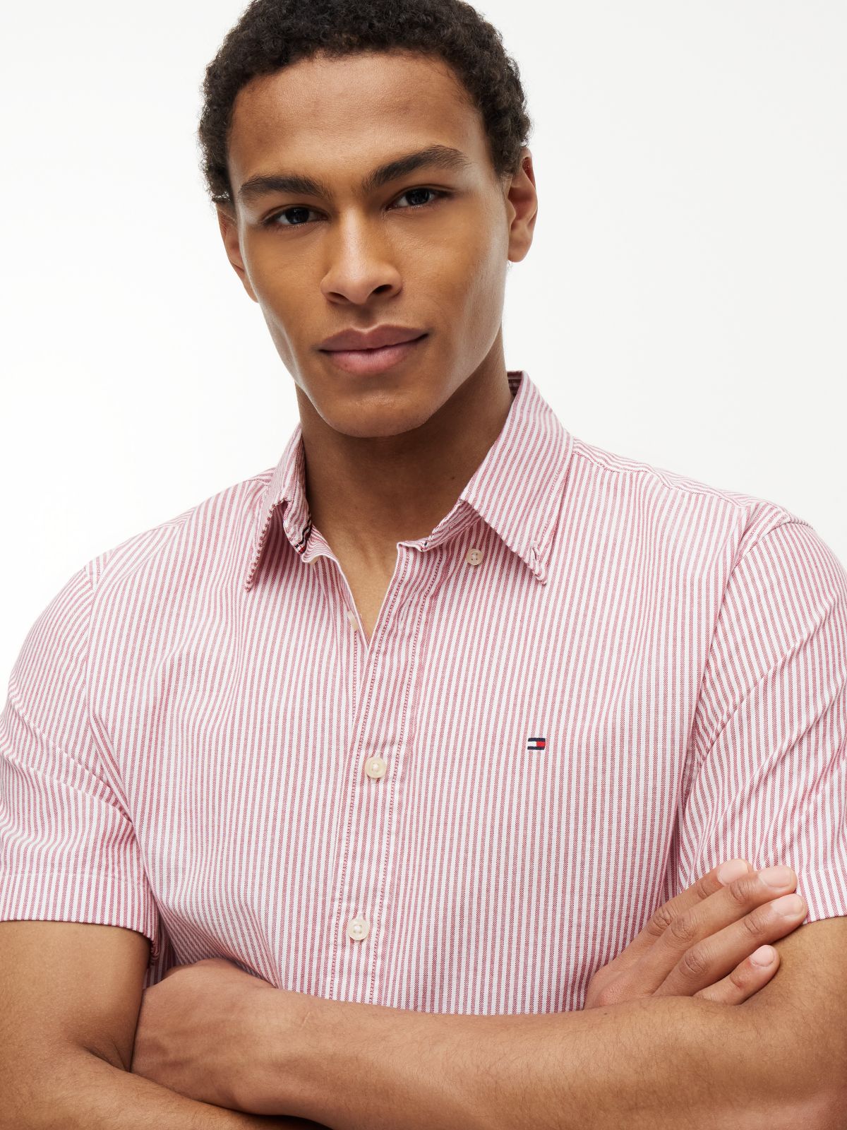Short-Sleeve Striped Oxford Shirt — Medium Red