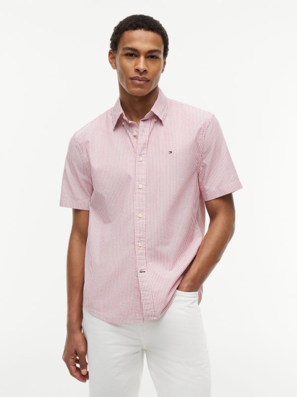 Short-Sleeve Striped Oxford Shirt — Medium Red