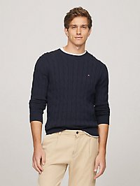 Flag Logo Cable Knit Sweater, Navy