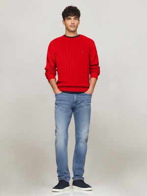 Cable Knit Crewneck Sweater, Primary Red