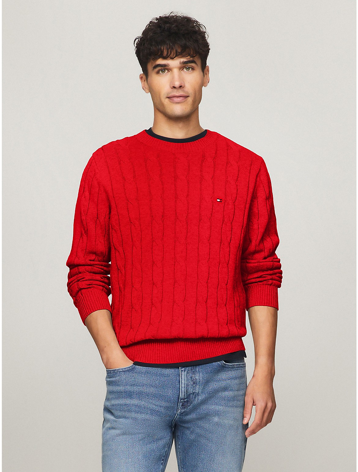 Tommy Hilfiger Flag Logo Cable Knit Sweater In Primary Red