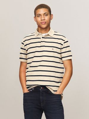 Polo coupe régulière à rayures évacuant l’humidité, beige chiné