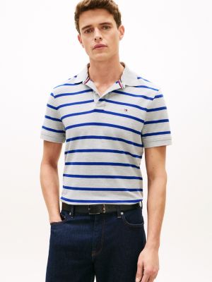 Regular Fit Stripe Wicking Polo, Grey Heather/Blue Stripe