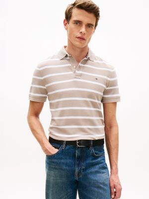 Regular Fit Stripe Wicking Polo, Smooth Taupe/White Stripe
