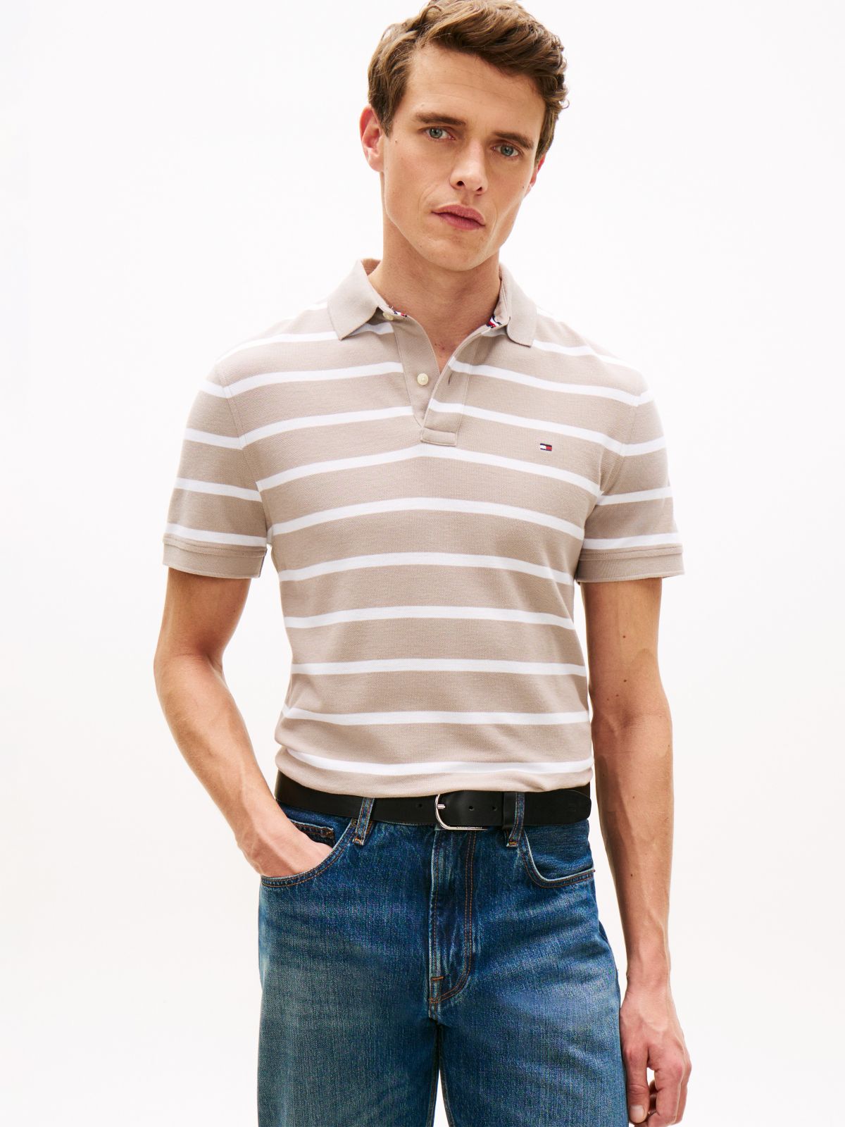 Regular Fit Striped Wicking Polo — Smooth Taupe/White Stripe
