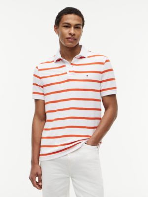 Regular Fit Striped Wicking Polo, Brilliant Orange/White Stripe