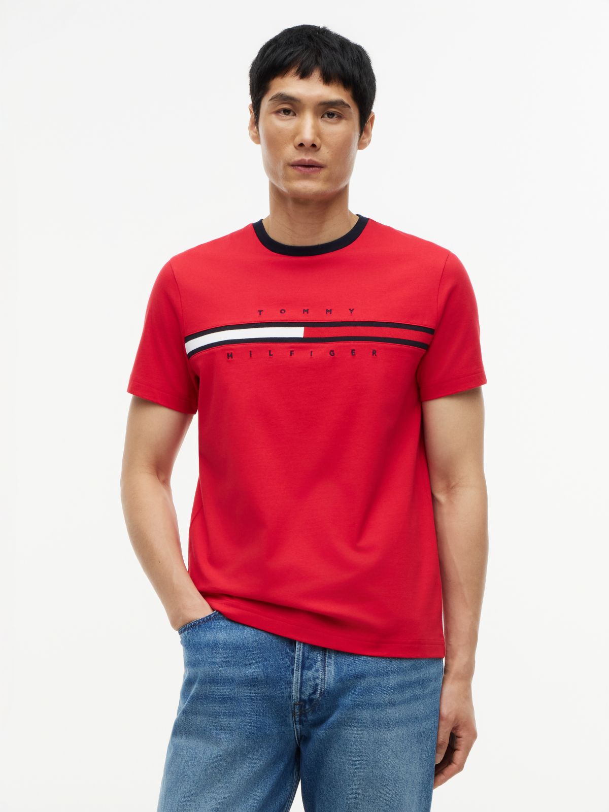 Embroidered Flag Logo T-Shirt — Primary Red