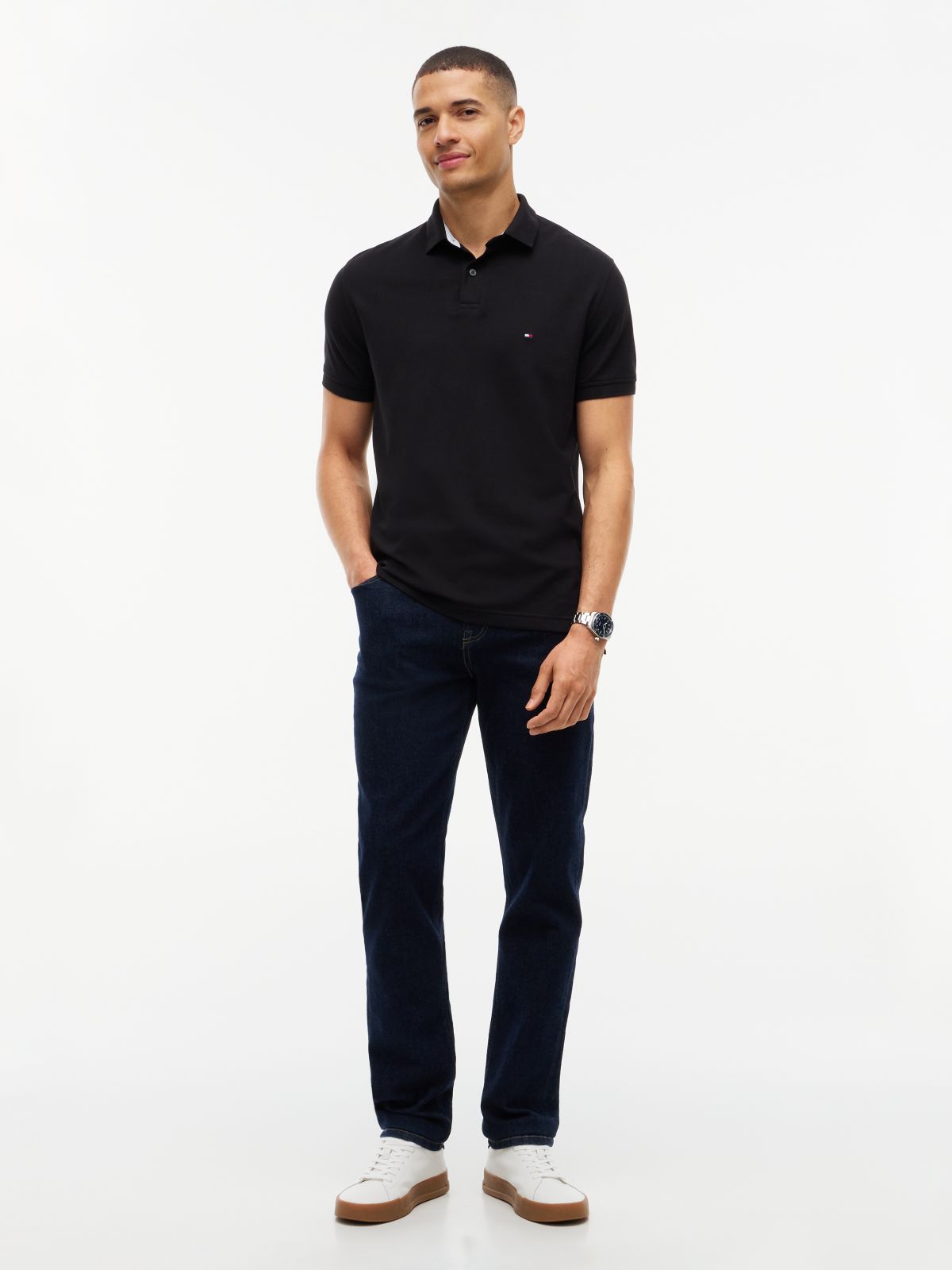 Regular Fit Stretch Pique Tommy Polo — Black