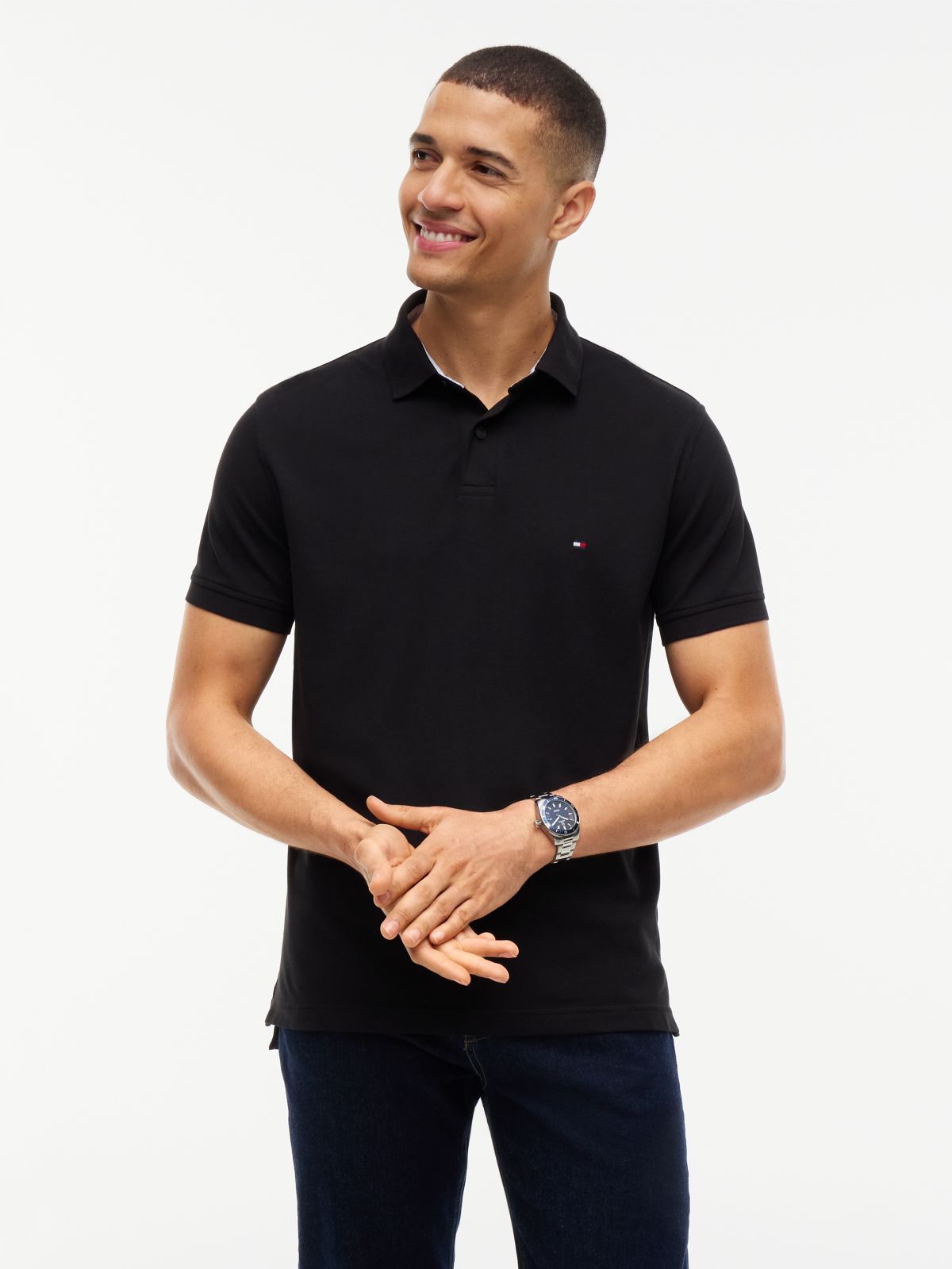 Regular Fit Stretch Pique Tommy Polo — Black