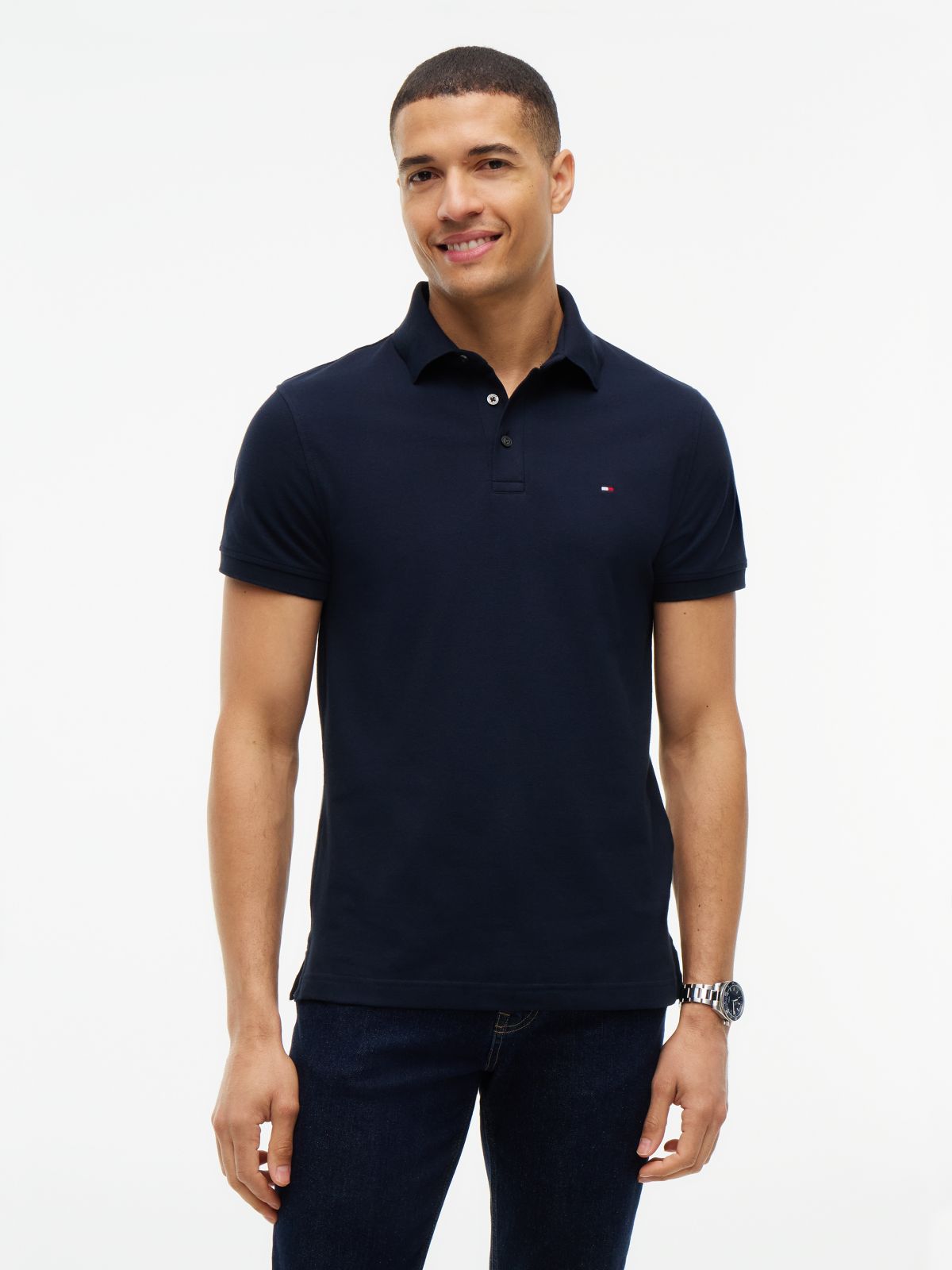 Slim Fit Stretch Pique Polo — Navy Blue