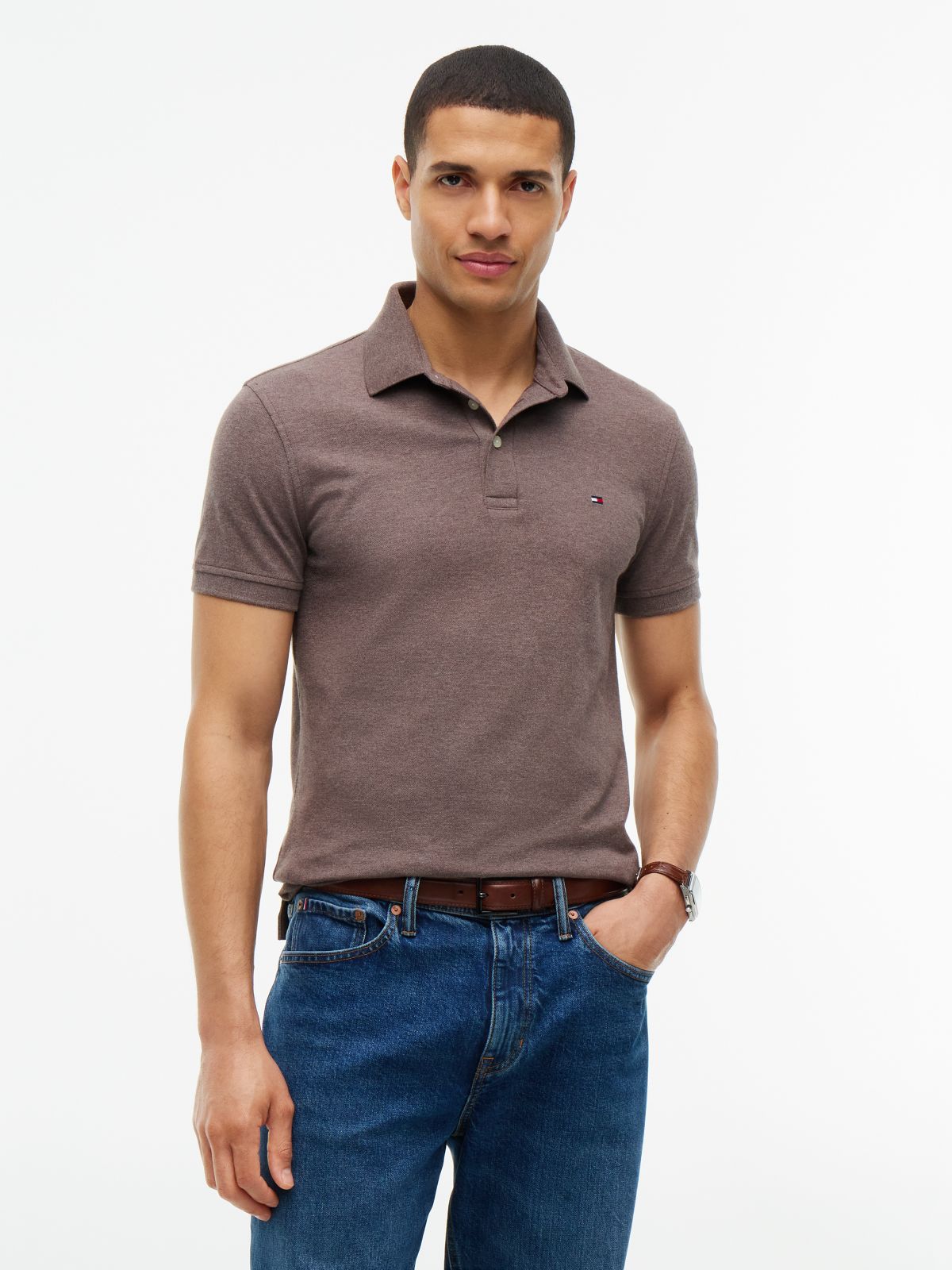 Slim Fit Stretch Pique Polo — Brown Heather